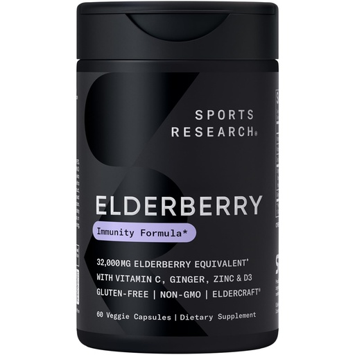 [BRSWYZDYBMJRA3TK] Sports Research® Elderberry Immune Support with Zinc, Ginger, Vitamin C & D3 - Vegan Friendly · Non-GMO · Gluten Free - 60 Veggie Capsules