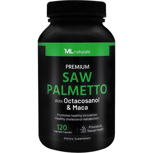 [BRSRMBIFDJ4BUE3A] ML Naturals Saw Palmetto 2,000mg (Per Serving) – with Octacosanol & Maca – 120 Vegan Capsules – Supports Prostate - Non-GMO