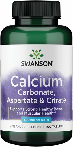 [BRSWIYIYAF7BWGDU] Swanson Calcium (Carbonate Aspartate & Citrate) 500 Milligrams 100 Tabs