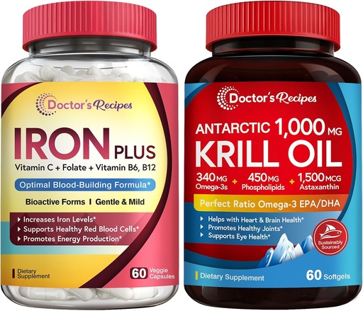 [BRSRAHAEAUBR6G3A] Doctor's Recipes Iron Bisglycinate & Krill Oil Bundle, Blood & Energy Support, Joint, Brain and Eye Health Support, No Gluten, Probiotics (60 Capsules) & Krill Oil (60 Softgels)