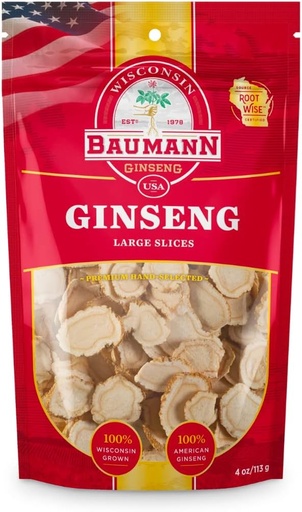 [BRSWYEL3OEIBMAD4] Baumann Wisconsin Ginseng - Large Slices 4 oz - 100% Natural Panax Ginseng Herb, Pure Dried American Ginseng for Immune Support, Enhanced Focus and Energy