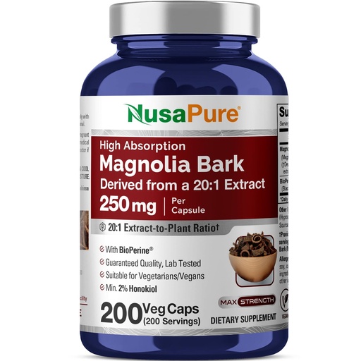 [BRSWGGQZAEOQG3TU] NusaPure Magnolia Bark Capsules, 250 mg, 200 Veg Capsules (Non-GMO, Vegan)