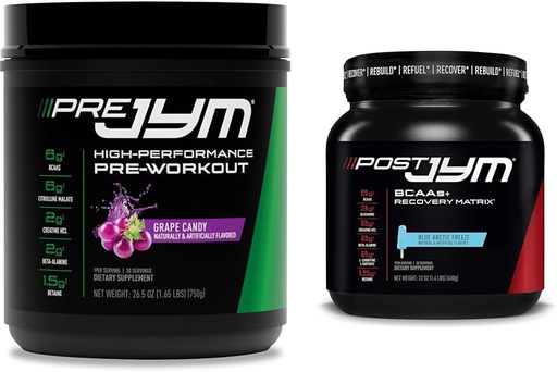 [BRSRAYYYPIJQOCDB] Pre JYM Grape Candy Pre Workout, Post JYM Active Matrix Post-Workout med BCAAs, Kreatin HCI, Beta-Alanine | 30 portioner