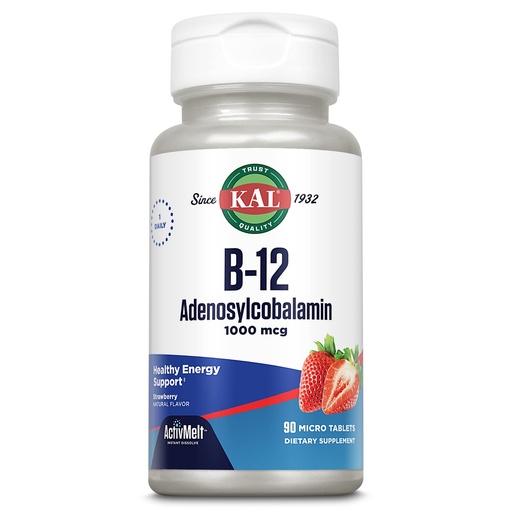 [BRSWKHDQBQDGIGT7] KAL Vitamin B12 Adenosylcobalamin 1000 mcg - B 12 Vitamin, Active B-12 1000mcg for Women & Men, Energy Support - Strawberry Flavor - 90 ActiveMelt Micro Tablets