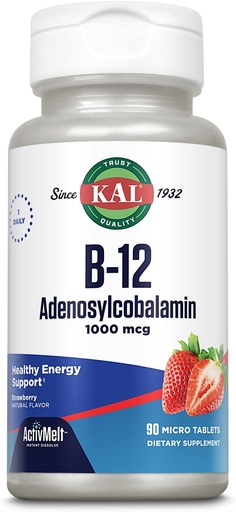 [BRSWKHDQBQDGIGT7] KAL Vitamin B12 Adenosylcobalamin 1000 mcg - B 12 Vitamin, Aktiv B-12 1000mcg für Damen und Herren, Energie-Unterstützung - Erdbeer Flavor - 90 ActiveMelt Micro Tablets