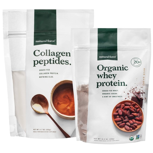 [BRSWYHQNDMDRAFDK] Natural Force Clean, Grass Fed Collagen Peptides + Chocolate Organic Whey Protein Bundle – Organic, Non GMO Whey Protein & Hydrolyzed Type I and III Collagen – 15.2 Ounce Bag and 11.7 Ounce Bag