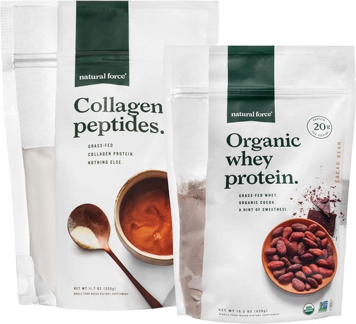 [BRSWYHQNDMDRAFDK] Natural Force Clean, Grass Fed Collagen Peptides + Chocolate Organic Whoin Bundle - Organic, Non GMO Whey Protein & Hydrolyzed Tipe I dan III Collagen - 15.2 Ounce Bag dan 11.7 Ounce Bag