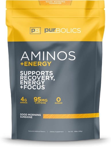 [BRSWGAD7OB6B6CTH] Purbolics Aminos + Energy | Supports Recovery, Energy & Focus | 95mg of Caffeine, 0 Sugar & 60 Servings (Good Morning Sunshine)