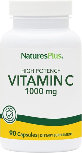 [BRSWIYTYCUOGOFLC] Natures Plus Vitamina C - 1000 mg Ácido Ascórbico, 90 cápsulas vegetarianas - Suplemento de soporte Vascular e Inmuno de alta potencia, Antioxidante - libre de maíz, libre de gluten - 90 piezas