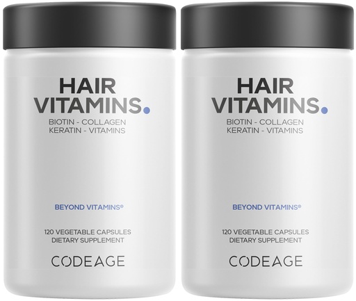 [BRSRMEAZCAOW23TV] Codeage Hair Vitamins 10000 mcg Biotin, Keratin, Collagen, Vitamin A, B12, C, D3, E, Zinc, Turmeric, Probiotics, Enzymes, Inositol - Hair Care Support - Healthy Hair Supplement Pills - 2 Pack