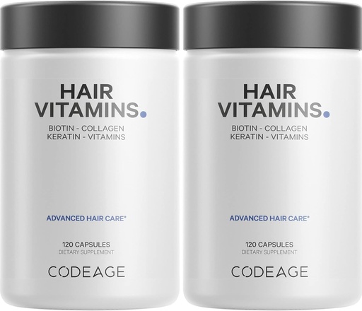 [BRSRMEAZCAOW23TV] Codeage Hair Vitamins 10000 mcg Biotin, Keratin, Collagen, Vitamin A, B12, C, D3, E, Zink, Gurkmeja, Probiotika, Enzymer, Inositol - Hårvårdssupport - Hälsosam hårtillskottspiller - 2 Pack