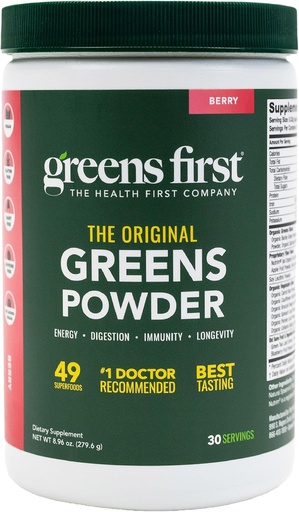 [BRSWIY33DENA2DLK] Zaļvielas Pirmais Original Greens Pulveris - 49 Superfoods - Organic Augļi & Veggies - Prebiotikas, Probiotikas & Gremošanas Fermenti - Antioksidants Gludio - Bez piena, Vegan & Ne-GMO (Berry, 30 Servē)