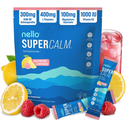 [BRSRMC32AUGQY2TG] Nello Supercalm Powdered Drink Mix, Cortisol Reducer and Sleep Aid Supplement, L Theanine, Ksm-66 Ashwagandha, Magnesium Glycinate, Vitamin D 3, No Sugar, Non GMO, On The Go, 20 Ct, Raspberry Lemonade