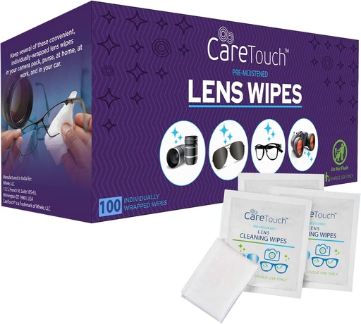 [BRSWGCAQDEAQKEYY] Care Touch Lens Wipes for Eyeglasses- 100 Count Individually Wrapped Pre- Moistened Wipes, 5 x 6 Inch- Camera Lens, Sunglasses and Glasses Cleaner,- Gentle and Portable for Cleaning of Optical Devices