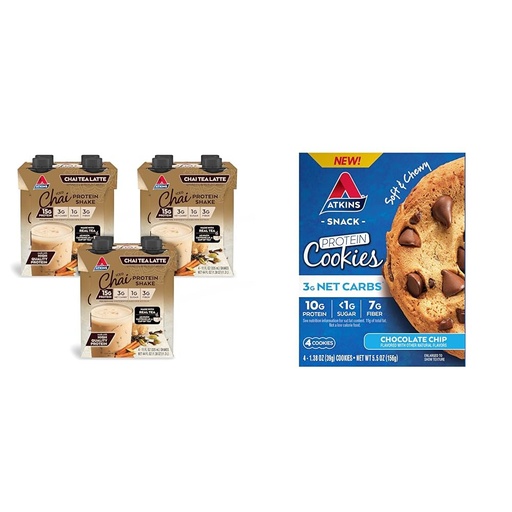 [BRSRAYYYBMAWYAD5] Atkins Chai Tea Latte Protein Shake with 15g Protein, 3g Net Carbs, 1g Sugar and Atkins Chocolate Chip Protein Cookie with 10g Protein, 3g Net Carbs, 1g Sugar, Keto Friendly, 4 Count
