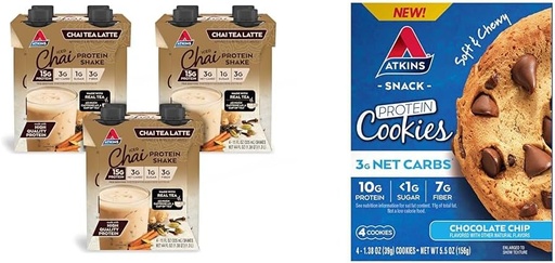 [BRSRAYYYBMAWYAD5] Atkins Chai Tea Latte Protein Shake with 15g Protein, 3g Net Carbs, 1g sladkor in Atkins čokoladni Chip Protein Cookie z 10g proteini, 3g neto Carbs, 1g sladkor, Keto prijazno, 4 Count