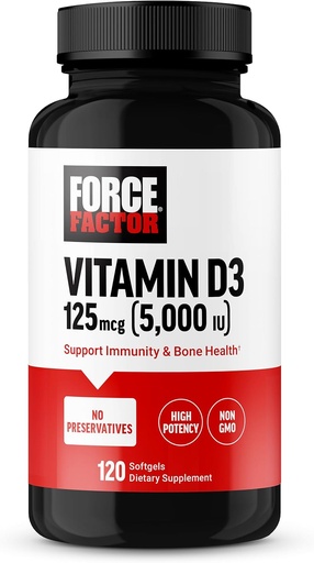 [BRSROGQTOV7GKADD] FORCE FACTOR Vitamin D3 5000 i.e. softgels, visokopotenzivna vitamin D dodatek za podporo imunitete in zdravje kosti, Premium kakovost, Brez konzervansov, 120 Softgels