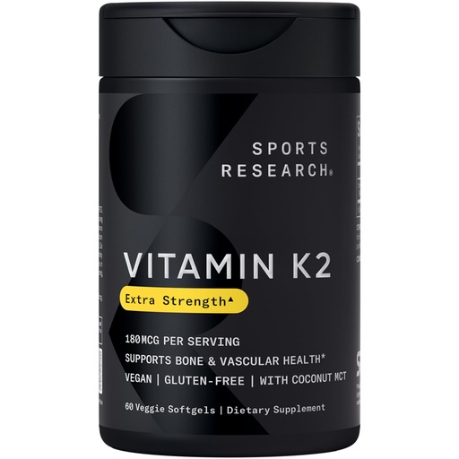 [BRSROA3RCVYQ2CA4] Sports Research® Extra Strength Vitamin K2 as MK-7 180mcg with Coconut MCT Oil - 60 Veggie Softgels - Vegan Certified, Non-GMO Verified & Gluten-Free