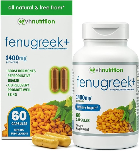 [BRSWYY33AAMBQ2YV] VH Ernæring Fenugreek+ | 1400mg Extra styrke Fenugreek kapsler | Hormonell balanse og energi støtte Supplement for menn og kvinner | 60 Glutenfri kapsler