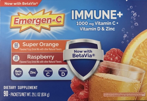 [BRSROATRCQARY3L7] Emergen-C Immune+ 1000 mg Vitamin C + Vitamin D & Zinc, (Super Orange 60 Ct/Raspberry 30Ct) 90 Packets