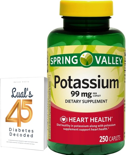 [BRSRMCAYCUGQIHQ6] Spring Valley Potassium Heart Health Dietary Supplement Caplets, 99 mg, 250 Count, Potassium Gluconate Bundle with Lual's 45 Diabetes Decoded