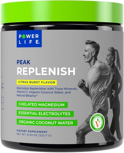 [BRSRMFIEAQBQAE3P] POWERLIFE Peak Replenish - High Absorption Magnesium Electrolyte Powder with Organic Coconut Water, and Trace Minerals, 30 Servings