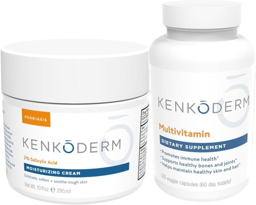 [BRSW2GI5BEBBGCQ7] Kenkoderm Psoriasis Moisturizing Cream & Multivitamin Skin Care Bundle, Moisturiizing Cream dengan Acid Salicylic, 10 oz & Multivitamin dengan Omega 3 & Vitamin D, Supplemen Imune, 120 Capsules