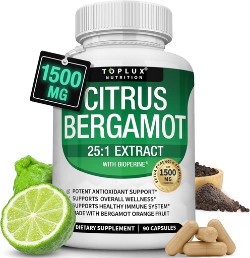 [BRSRMFQYCV5BAHL7] Citrus Bergamot Supplement 1500mg - 25: 1 Bergamot Extract to Support Total Health, Immunsystem, Potent Antioxidant High Absorption Natural Vegan Non- GMO for mænd Kvinder, 90 Kapsler