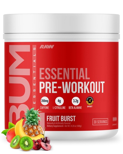 [BRSROGIBOEFROHL3] RAW Essential Pre-Workout Powder (Fruit Burst) - Chris Bumstead Sports Nutrition Supplement for Men & Women - Preworkout Energy Powder with Caffeine, L-Citrulline, L-Tyrosine, & Beta Alanine Blend