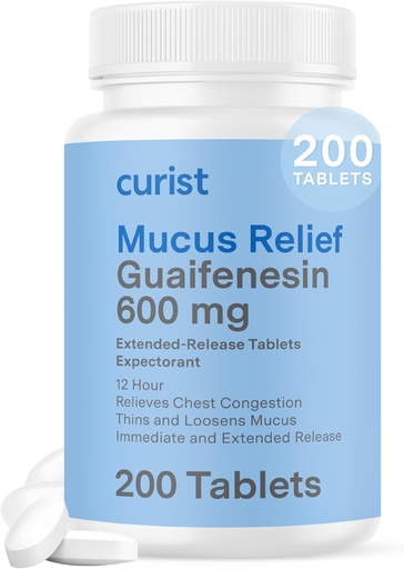 [BRSW2BD4CIPQ43A4] Curist Guaiffnesin 600 mg Extended Release Tablets (200 Dye- Free Tablets) - Expectorant Mucus Relief, General Guaiffnesin 600 mg, (Bulk Pack)