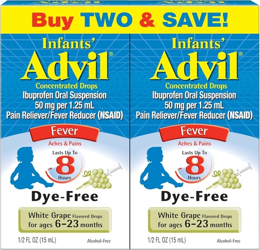 [BRSWIZQ5OJ7GAHLA] Infants' Advil Liquid Pain Reliever and Baby Fever Reducer, Infant Ibuprofen Dye Free Pain Relief and Fever Medicine, White Grape - 0.5 Fl Oz (2 Pack)