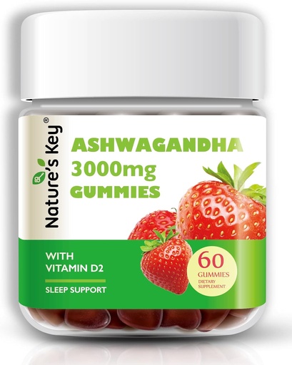 [BRSW2GQTOYDRMYLU] מפתח הטבע Ashwagandha Gummies, 3,000 מ"ג גבוה Potency Ashwagandha Root Extraction עם ויטמין D2, מתח, Calm Mood & Cognition, עבור גברים ונשים, Strawberry Flavor (60 Count) (Pack of 1)
