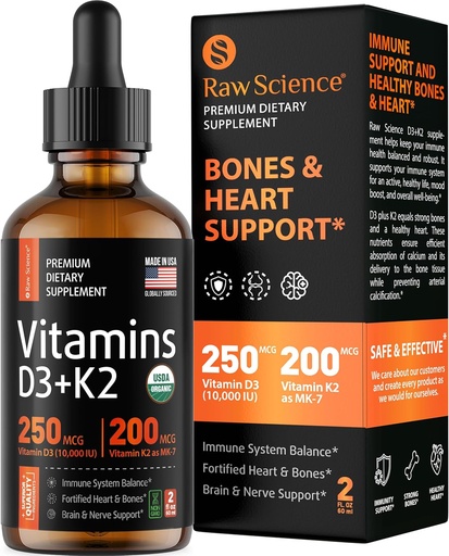 [BRSRMBICOUDQ23TV] Liquid Vitamin D3 K2 10000 iu & 200 mcg - Vitamin D with MK7 Vitamin K2 Drops - Bone Density & Heart Support Liquid Vitamins for Women & Men, High Absorption Vit K2 D3 Vitamin Supplement - 2 fl oz