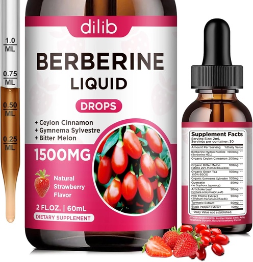 [BRSROBL4OZ6Q4G33] Berberine Supplement Liquid Drops - Berberine HCL 1500mg with Ceylon Cinnamon, Bitter Melon, Gymnema Sylvestre for Immune, Digestion System & Heart Health, Natural Strawberry Flavor, 2 Fl Oz