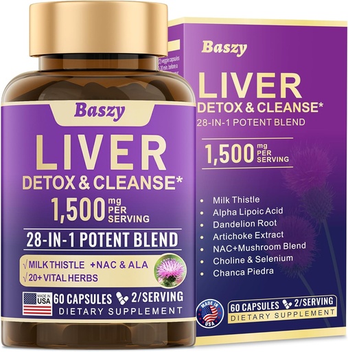 [BRSRAHT4A4CRM2YZ] 28-в-1 Liver Cleanse Detox & Repair - 1500mg Підтримка здоров'я печінки з Молоко Цейтле, Dandelion Root, Artichoke Extract, і 20 + трав'яні добавки підтримки - Виготовлені в США - 60 капсули