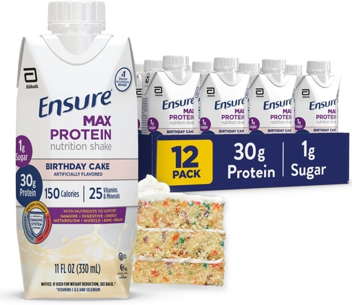 [BRSREYINBUIRAC3X] Ensure Max Protein Shake | Birthday Cake | Ready to Drink | 30g Protein for Muscle Health | 1g Sugar, 4g Fiber | 11 fl oz, 12 Pack
