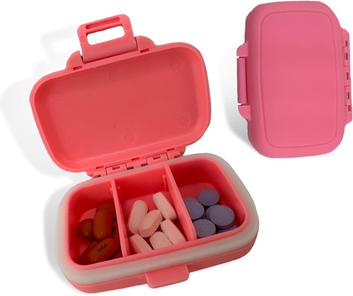 [BRSRAHATB5YRUALH] Organisateur de pilules de voyage - Cas de pilules étanches et durables Taille de voyage avec 3 compartiments - Cas de pilules compactes pour les vitamines, suppléments, médicaments - Conteneur de pilules de voyage pour la purée (Pink)