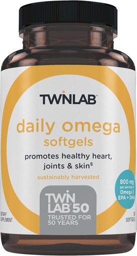 [BRSW2ATYCQIBYG3H] Twinlab Daily Omega Softgels - Joint Health and Brain Health Fish Oil Supplements - 800 mg, 30 Softgels