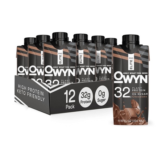 [BRSW2EIDCUCA2ALU] OWYN Pro Elite Vegan High Protein Shake, Chocolate, 32g Plant Based Protein, with Fiber, Prebiotics, Superfoods Greens, Workout and Recovery, 0g Net Carbs, Zero Sugar, Keto (12 Pack)