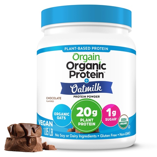 [BRSW2ZAQCIHA2H3D] Orgain Organic Vegan Protein Powder + Oat Milk, Chocolate - 20g Plant Based Protein, Gluten Free, No Dairy, Soy or Lactose Ingredients, Low Sugar, Non-GMO, Kosher, For Shakes & Smoothies - 1.05lb