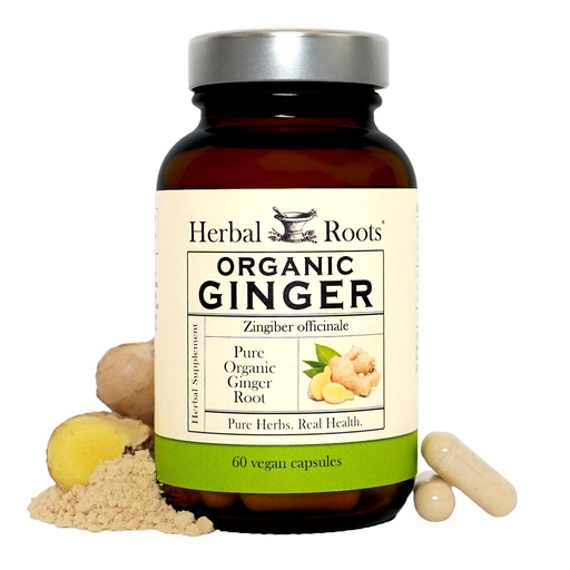 [BRSW2GAQORYQAHQ2] Herbal Roots Ginger Supplement | Organic Ginger Root Capsules | 1,200 mg of Pure Ginger Powder per Serving | 60 Vegan Capsules