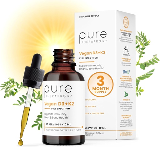 [BRSWKHYTAAMRWDLZ] Pure Therapro Rx Vegan D3 + K2 Organik% Liposomal 10 ml ABD'de yapıldı | 3 Ay Supply | Erkekler ve Kadınlar için en büyük Apsiyon Vitamin D3 ve Vitamin K2 Supplements, D3 5000 IU