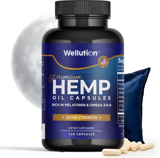 [BRSWGAIBCF7GEAL4] WELLUTION Hemp Oil Capsules - 120 Count - Stress & Sleep Support with Ashwagandha & Melatonin - Made in USA
