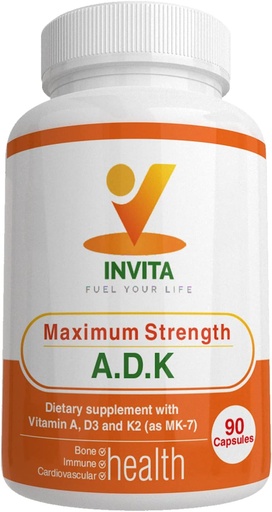 [BRSROYDRDN5BYFLV] INVITA ADK - Vitamin A1, vitamin D3 5000 IE & K2 MK7 Supplement - Læge Formuleret Bone & Immunsystem Support - Gluten Free, Non- GMO - 90 Vegetariske kapsler til mænd og kvinder