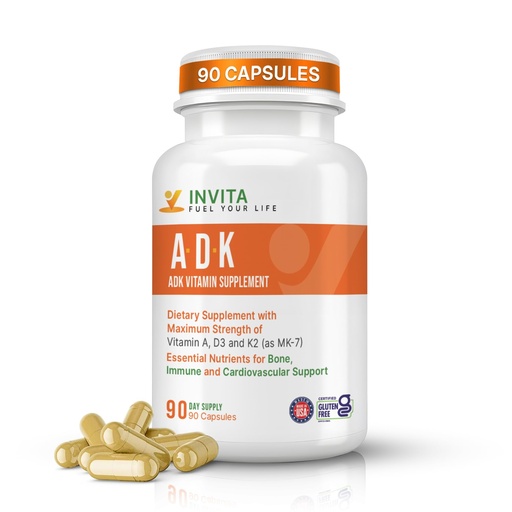 [BRSROYDRDN5BYFLV] INVITA, ADK Vitamin Supplement – 90 Capsules – High Potency of Vitamin A, D3 5000 IU & K2-MK7 – Physician Formulated for Bone, Heart & Immune Support – Non-GMO, Gluten Free (3-Month Supply)