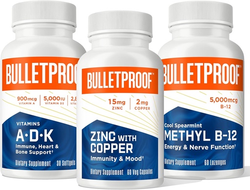 [BRSW2ZIRCJYA4DTH] Bulletproof Triple Threat Strength Bundle, Vitamins A-D-K, 30 Softgels, Zinc with Copper, 60 Capsules, Methyl B-12, Spearmint Flavor, 60 Lozenges