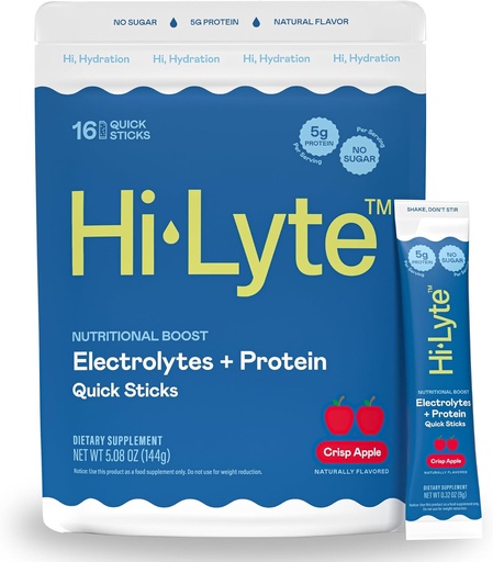 [BRSREZQEA54AEYIU] Hi-Lyte Electrolytes + Protein Quick Sticks Crisp Apple, 16 Servings - Sodium, Potassium, Whey Protein - Keto Friendly - 5g Protein, No Sugar