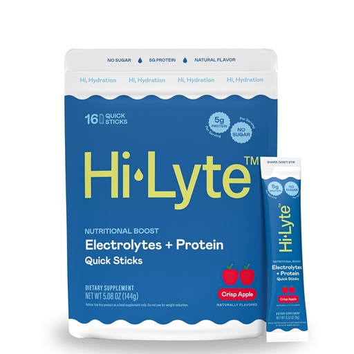 [BRSREZQEA54AEYIU] Hi-Lyte Electrolytes + Protein Quick Sticks Crisp Apple, 16 Servings - Sodium, Potassium, Whey Protein - Keto Friendly - 5g Protein, No Sugar