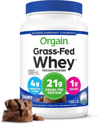 [BRSWKEYIAUJQ2AI7] Orgain Whey Protein Powder, Chocolate cremoso Fudge - 21g Grass Feed Dairy Protein, 5g BCAAs, 4g Fibra Prebiótica, Sem açúcar adicionado, Sem hormonas adicionadas, Sem glúten, Kosher, Para batidos e smoothies - 1.82lb