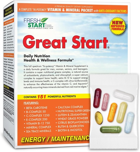 [BRSWGHYRCICWKDTJ] Great Start Complete Daily Vitamin Pack ) Energy ' Essentials ) Vitamin A, B, C, D, E, B12, Biotin, Minerals, Calcium, Magnesium, Zinc, Super Greens (30 Packets)